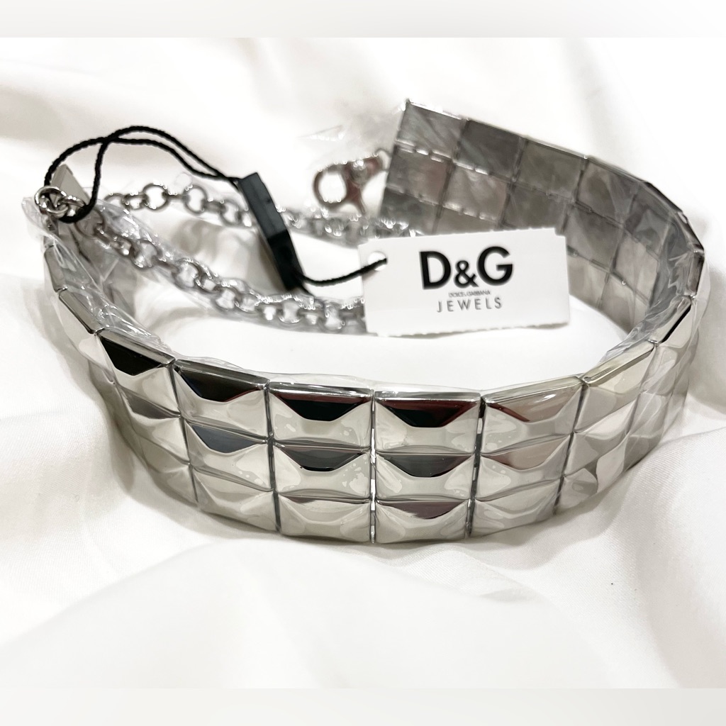Nwt Vintage Dolce Gabbana Wide Silver Stud DG Statement Choker Necklace Nib 350$